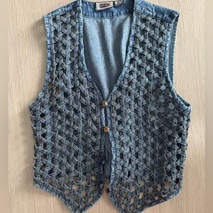 Paul Harris Denim Lattice-Style Vest with Wooden Buttons Vintage